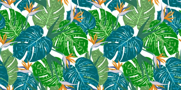 Monstera s pájaro del paraíso flores vector bandera — Archivo Imágenes Vectoriales