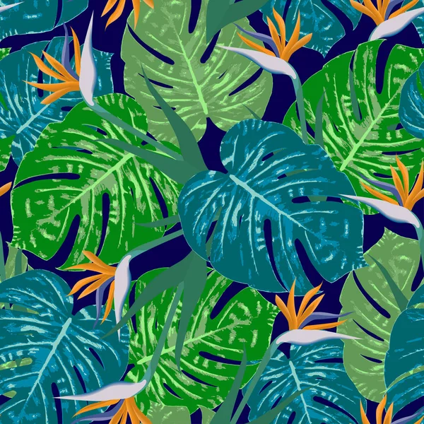 Monstera uccello del paradiso fiori modello vettoriale — Vettoriale Stock