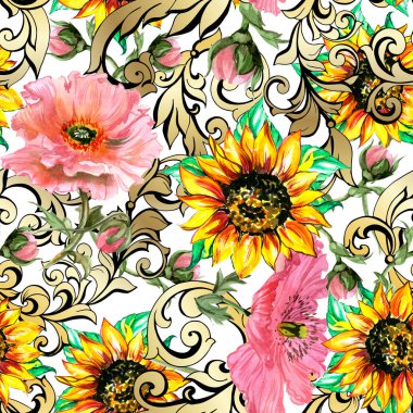 Gelincikli ayçiçekleri. Kusursuz desen..