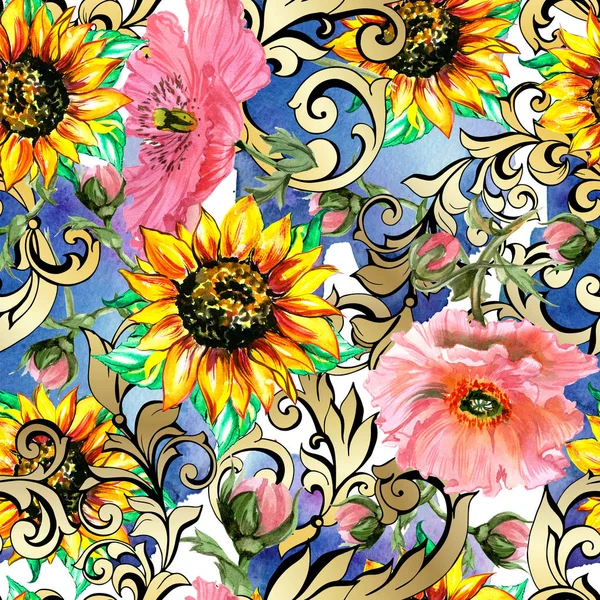 Sonnenblumen mit Mohn.Nahtloses Muster. — Stockfoto