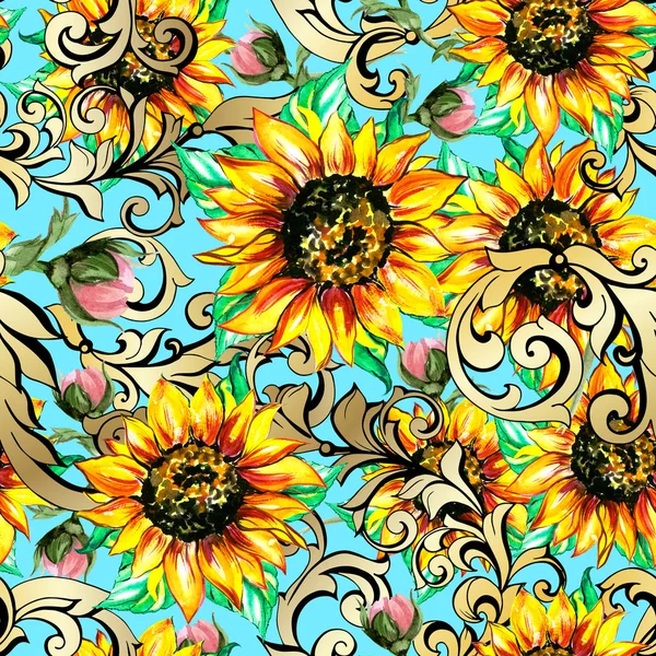 Sunflowers with poppies acanthus Seamless pattern — Stock Photo, Image