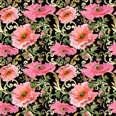 Altın sarısı akanthus 'lu haşhaş. Kusursuz desen