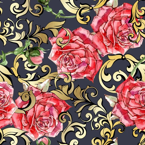 Roses with gold ancient acanthus. Seamless pattern — Stock Photo, Image