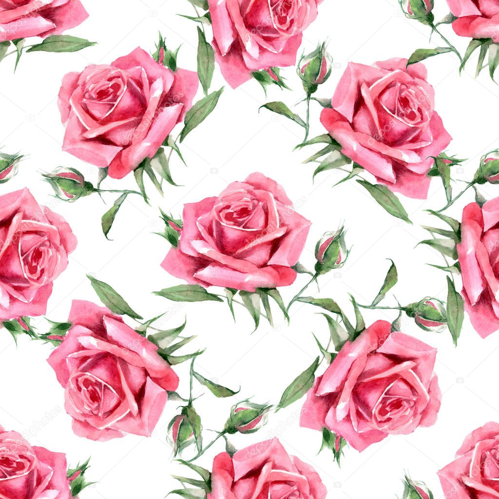 Beautiful Watercolor pink roses. Seamless pattern.