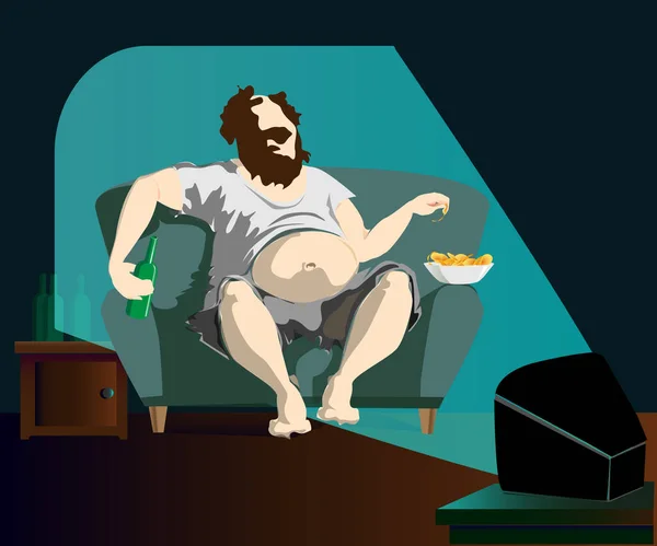 Hombre Gordo Sentado Casa Sofá Viendo Televisión Bebiendo Cerveza Comiendo — Archivo Imágenes Vectoriales