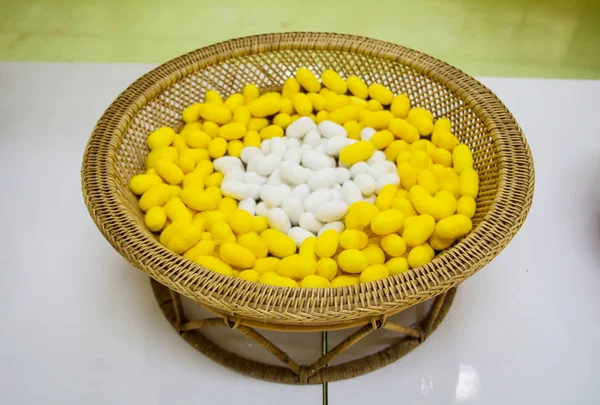 Group of silk worm cocoons nests in bamboo basket — Stock Photo, Image