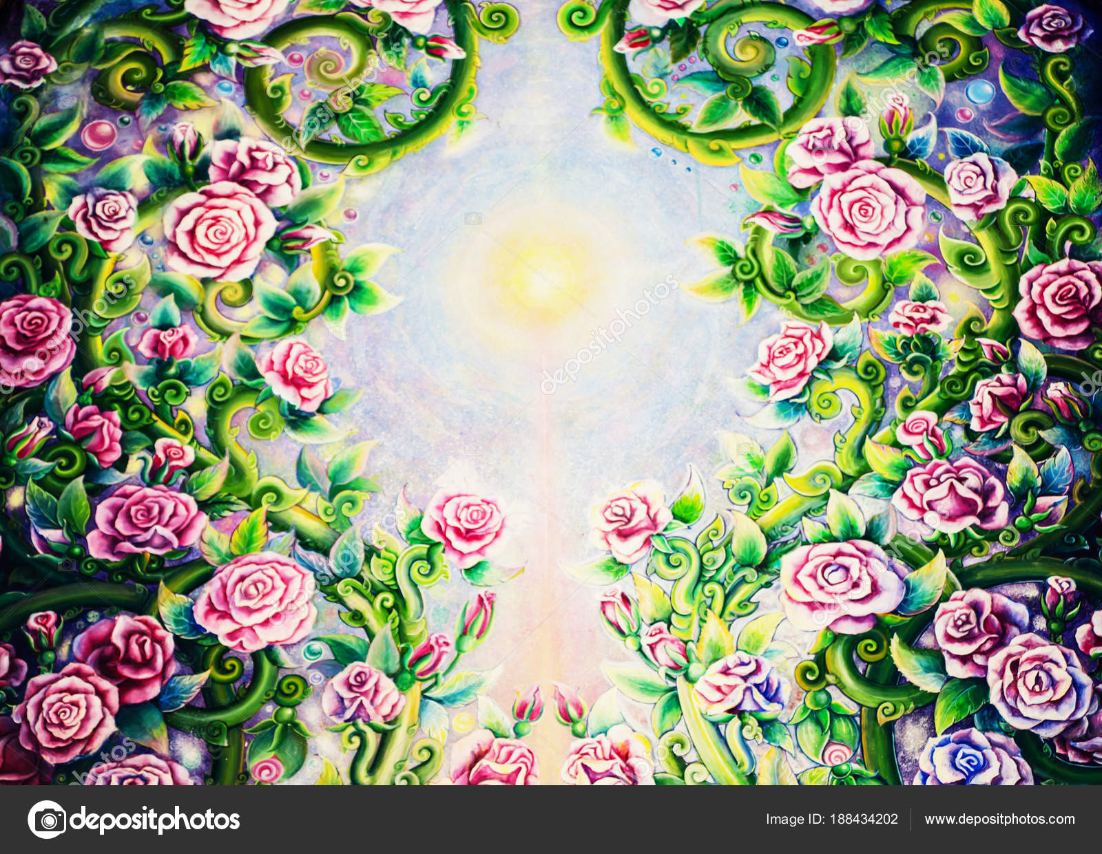 Dessin De Fleurs Colorées Artisanat Thaïlandais Sur Mur De