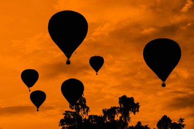 Sıcak hava balonu gündüz vakti parkta, dağlarda uçuyor. 