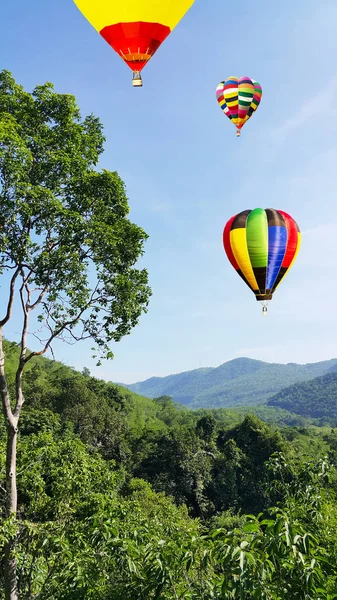 Hot Air Balloon Park Daytime Flying Mountains Background — ストック写真