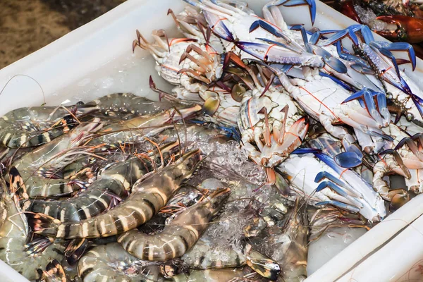 Pazarda taze karides ve yengeç