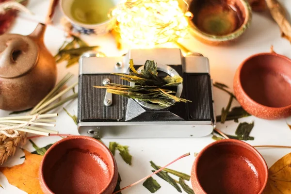 Asya çaydanlık üst görünümü ayarlama ve eski moda fotoğraf kamera vücudun içine kuru bitkisel bırakır