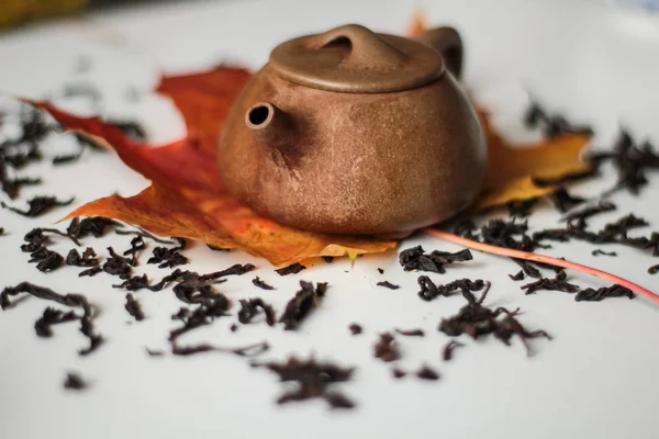 Nahaufnahme Einer Tonbraunen Teekanne Auf Herbstlichem Ahornblatt Tisch Mit Getrockneten — Stockfoto