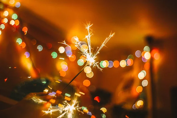 Partial View Hand Holding Burning Sparklers Christmas Eve Celebration — Stock Photo, Image