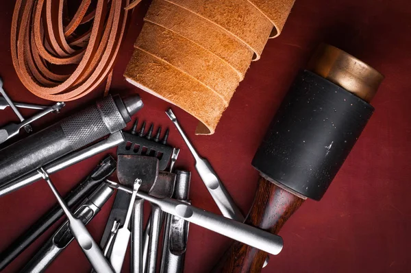 Top View Handcraft Leather Metal Tools Leather Straps — Stock Photo, Image