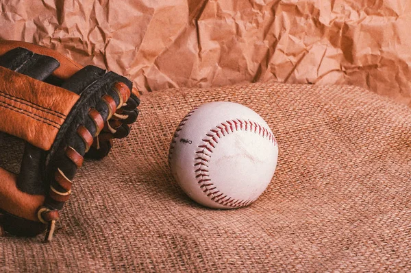 American Baseball Hardball Partial View Leather Catchers Glove Burlap Texture — Stock Photo, Image