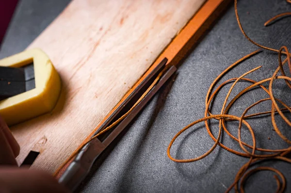 Close Shot Scissors Cutting Leather Fabric Rope — Stock Photo, Image