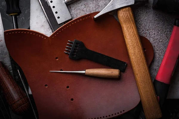Top View Leather Crafting Tools Table — Stock Photo, Image