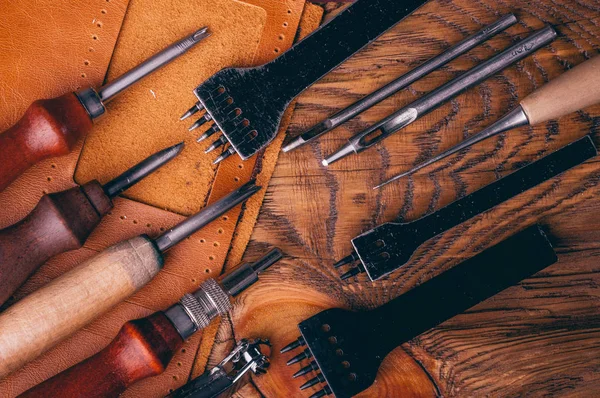 Close Shot Van Productie Van Tools Houten Werkvloer Tabel — Stockfoto