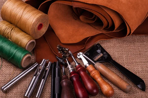 Table Burlap Surface Sewing Spools Threads Leather Craft Tools — Stock Photo, Image