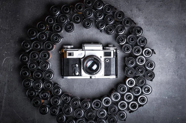 Retro Camera Film Rolls Dark Surface — Stock Photo, Image