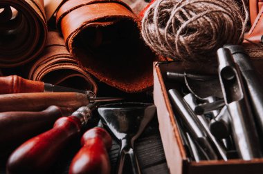 jute thread and leather craft tools clipart