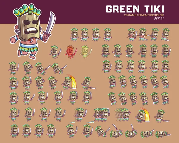 Vektorillustration Gröna Tiki Tecknad Spelet Karaktär Sprite — Stock vektor
