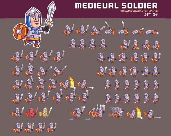 Vektor Illustration Des Mittelalterlichen Soldaten Cartoon Spiel Charakter Animation Sprite — Stockvektor