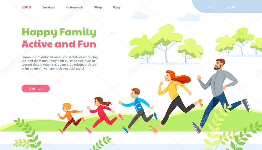 Web page design template for family running activity vector illustration.