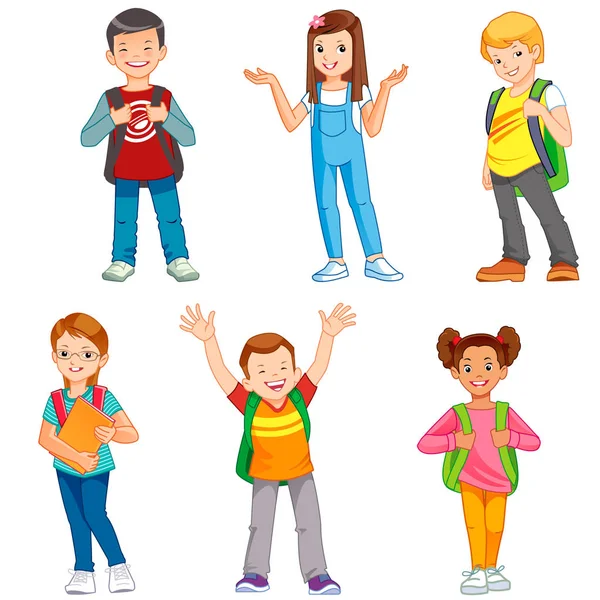 Alumnos con mochilas escolares. Conjunto de niños con útiles escolares. Niños de escuela con libros. Educación vector de dibujos animados ilustración aislada — Vector de stock