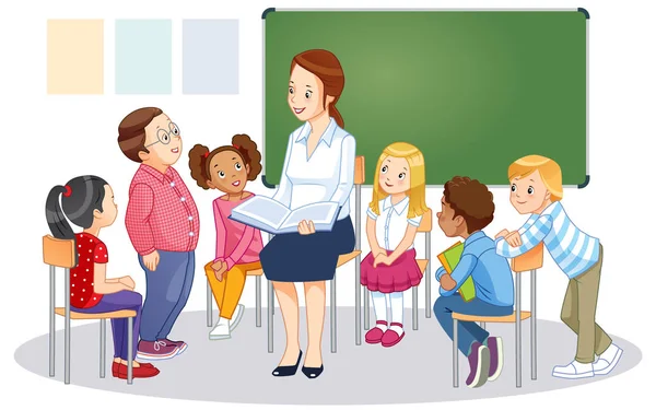 Lärare på svarta tavlan i klassrummet med barn. Tecknad vektor isolerad illustration — Stock vektor