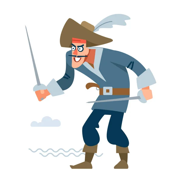 Pirátský námořník se dvěma meči napadl oběť. Vektorová ilustrace plochého kresleného filmu na bílém pozadí. — Stockový vektor