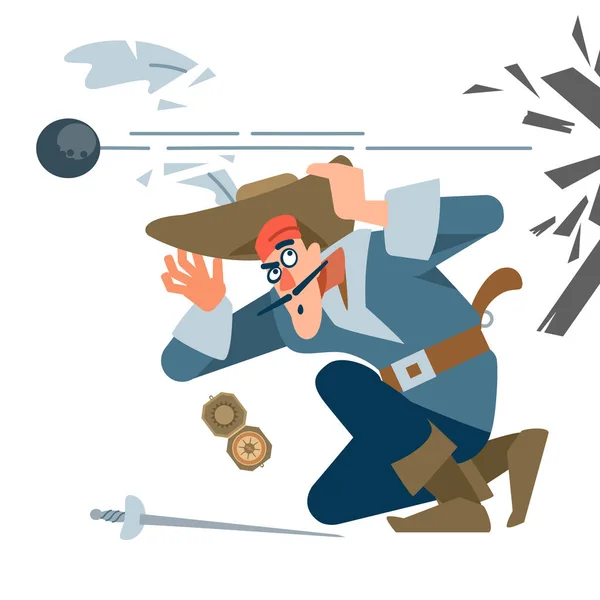 Capitão pirata em batalha, aterrorizado com o rugido inimigo da bola de canhão. O carácter do pirata. Ilustração vetorial de um desenho animado plano . —  Vetores de Stock