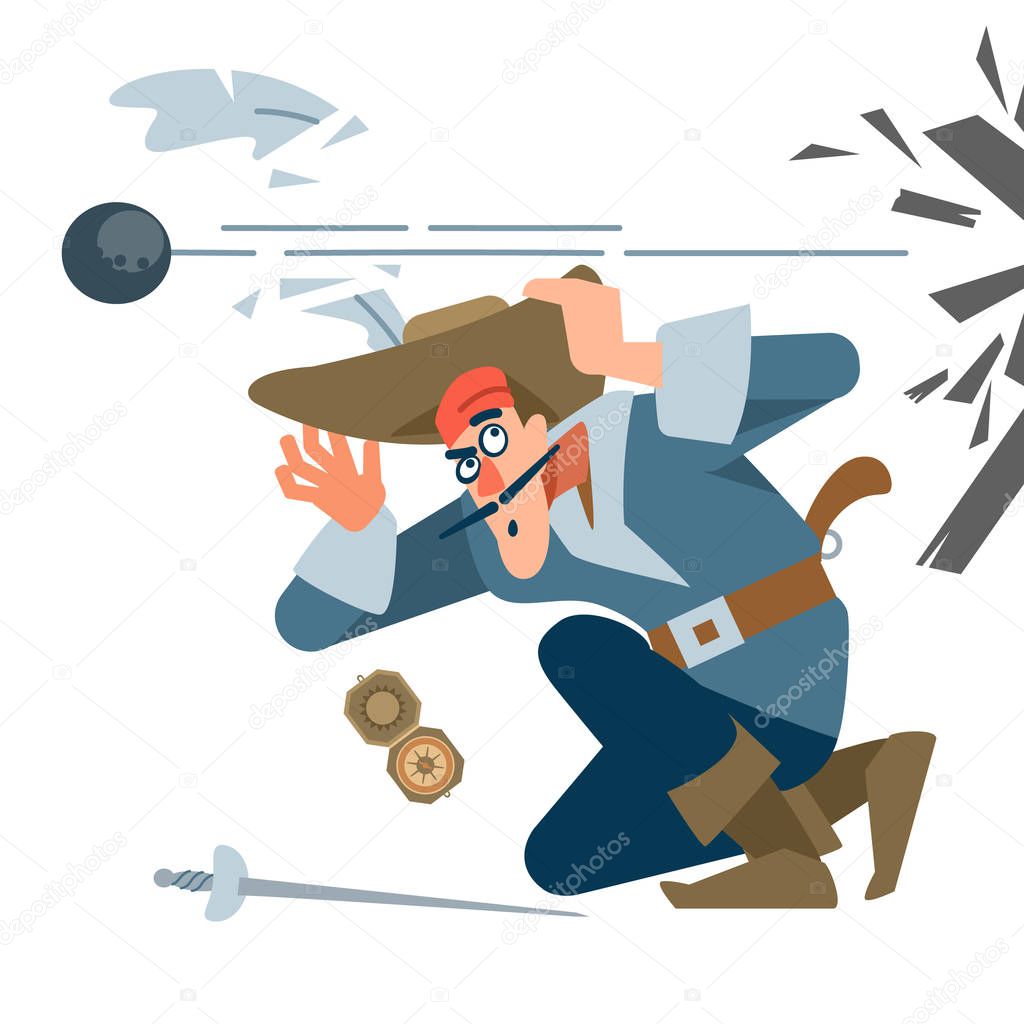 Pirate captain in battle, terrified of the enemy Cannonball roar. The character of the pirate. Vector illustration of a flat cartoon.