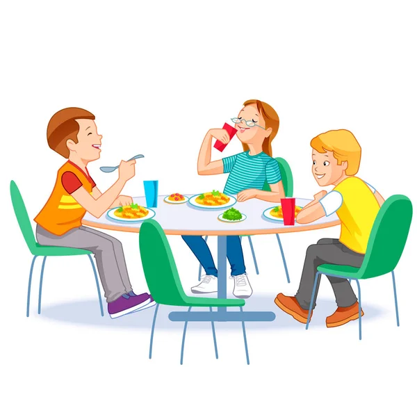 Niños felices almorzando solos. Dos chicos y una chica almorzando en la mesa. Concepto de nutrición infantil . — Archivo Imágenes Vectoriales