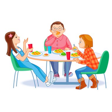 Mutlu çocuklar kendi başlarına kahvaltı yapıyorlar. Masada sabah yemeği yiyen iki kız ve oğlan. Çocuk beslenme konsepti. Pankart, poster, web sitesi, broşür için vektör illüstrasyonu