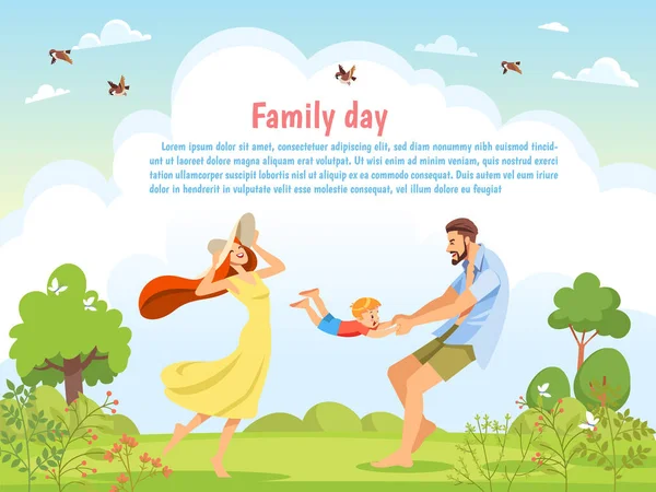 Gelukkige familie spelen in de natuur op een zonnige dag. Affiche, familiedag. Concept van vriendelijke familie en opvoeding van het kind wandelen met kinderen in de natuur. Vector cartoon illustratie — Stockvector