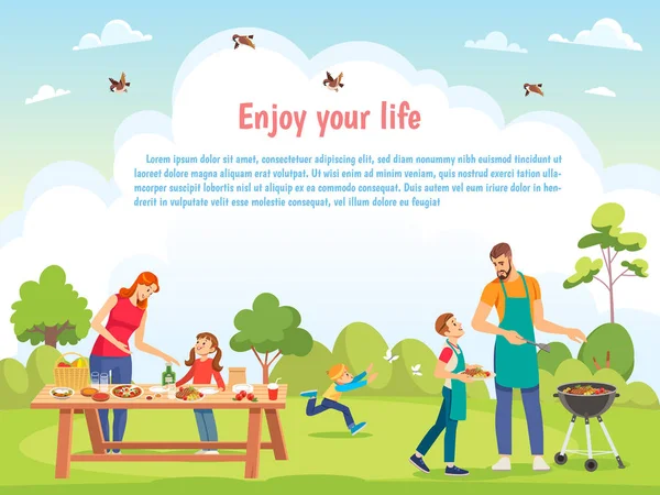 Gelukkige Familie dag Template voor kaart, poster, print. Familie picknicken samen. Vector cartoon illustratie. — Stockvector