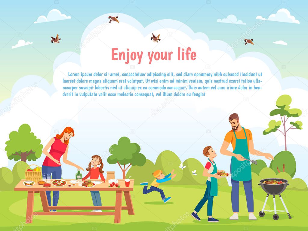 Happy Family day Template for card, poster, print. Family picnicking together. Vector cartoon illustration.