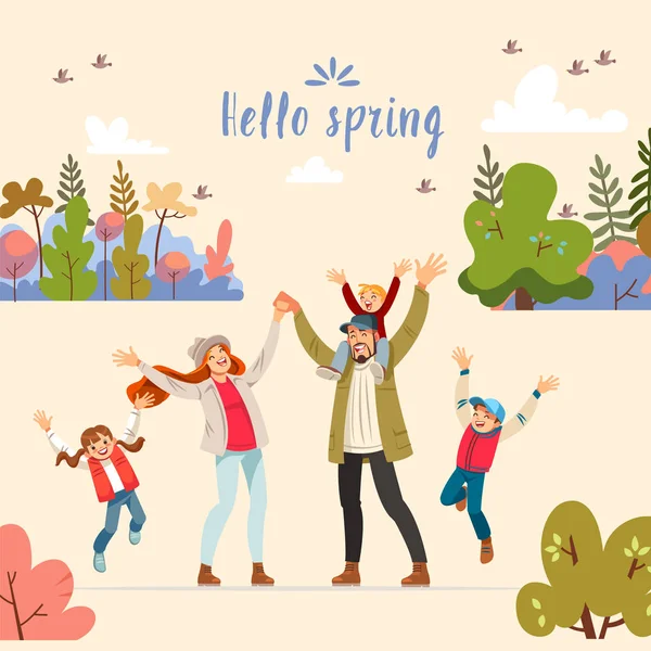 Ciao primavera. Ciao biglietto di auguri primavera con grande famiglia. Concetto di famiglia amichevole e genitorialità allevamento dei bambini giocare a piedi con i bambini nella natura. Illustrazione del cartone animato vettoriale — Vettoriale Stock