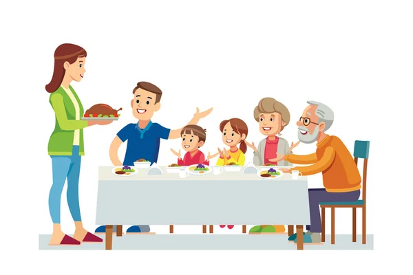 Happy big family eating dinner together vector illustration. — Stock Vector