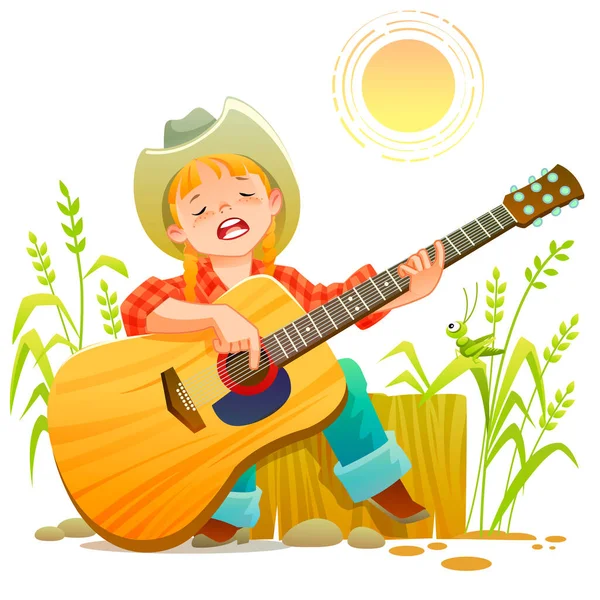 Rapariga a tocar guitarra. Country Teen girl está tocando guitarra e cantando. Momentos felizes com seu amor, tocando música popular. Ela usa camisa de uísque e jeans azuis sentados no campo em natural . —  Vetores de Stock