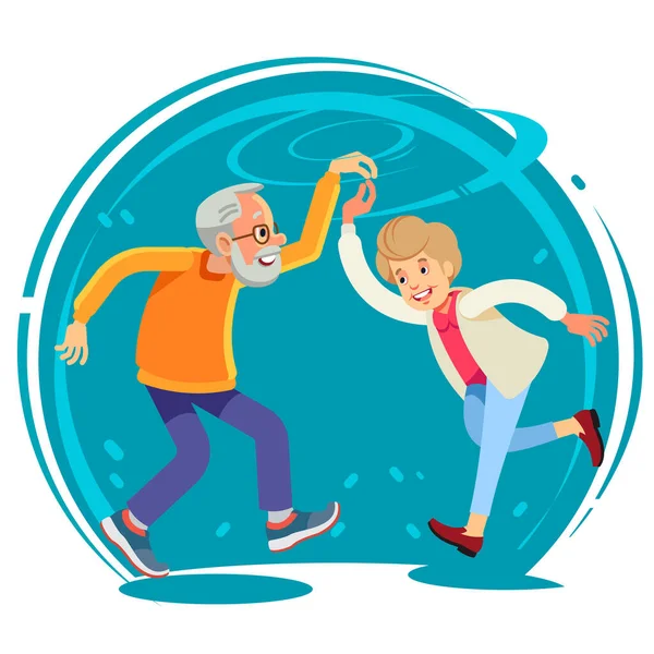 Pareja mayor bailando juntos, ilustración vectorial de estilo plano. Feliz pareja de edad divertida, Retrato de altura completa de anciana y caballero bailando románticamente . — Archivo Imágenes Vectoriales