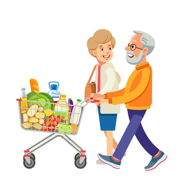 Happy old people shopping. Retired couple with shopping trolley with foods in the supermarket. Elderly man and woman at the grocery. Isolate on white background. Vector illustration in flat style — Stock Vector