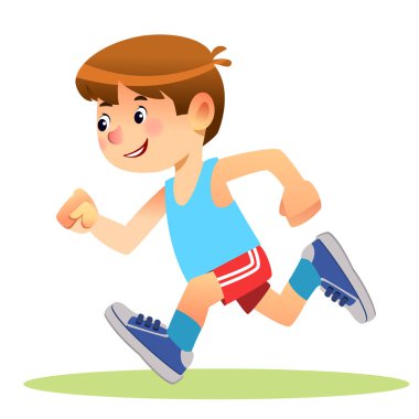 Çocuk koşuyor. Maraton koşucusu ya da okul spor gününde koşan bir çocuk. Çizgi film Stok vektör çizimi beyaz arkaplanda izole edildi