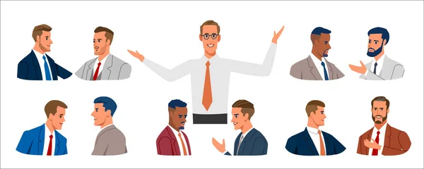 Retrato de gente de negocios. Conjunto de varios hombres de negocios en ropa de negocios, de edad mixta expresando emociones positivas. Plano, ilustración vector de dibujos animados . — Archivo Imágenes Vectoriales
