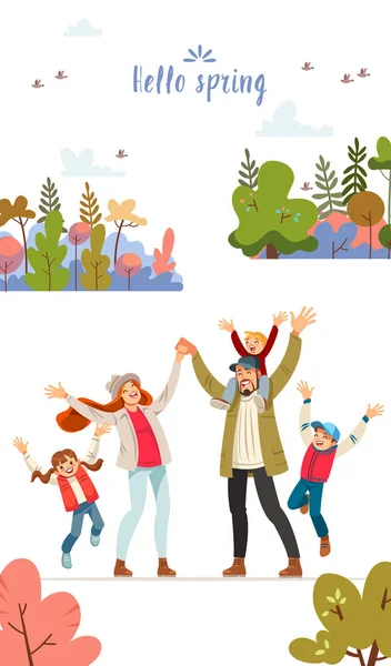 Γεια σας Άνοιξη κάρτα με μια μεγάλη ευτυχισμένη οικογένεια στη φύση. Μεγάλη ευτυχισμένη οικογένεια που περπατάει στο δάσος. Η μαμά, ο μπαμπάς και τρία παιδιά. Ο γαλάζιος ουρανός, ο ήλιος, ο φρέσκος άνεμος. Ευχαρίστηση από τη φύση και την επικοινωνία — Διανυσματικό Αρχείο