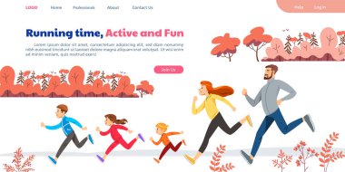 Aile maratonu ya da koşu yapan internet sayfası. Aktif yaşam tarzı, sağlıklı beslenme ve spor. Yaratıcı iniş sayfası tasarımı şablonu, web pankartı. Çizgi film düz vektör çizimi.