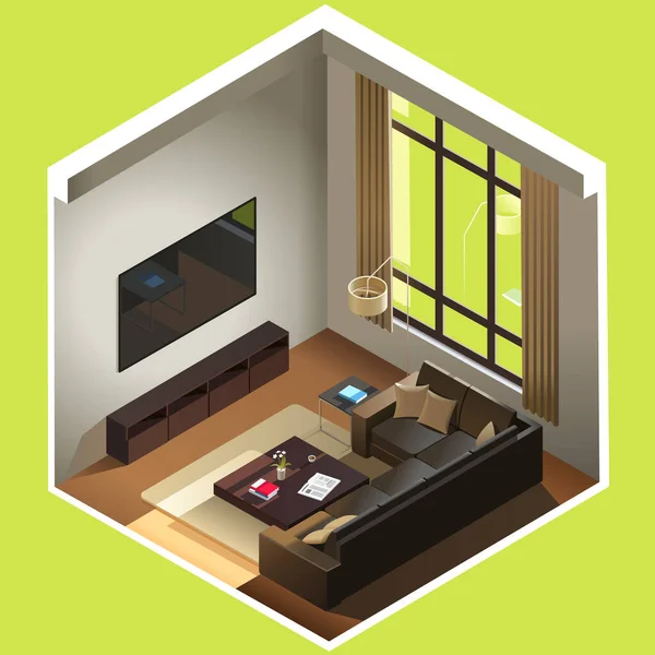 Isometrisches Wohnzimmer. Das Zimmer verfügt über Sofa, Couchtisch, TV und andere Möbel. Cutaway Interieur realistische 3D-Vektorbilder — Stockvektor