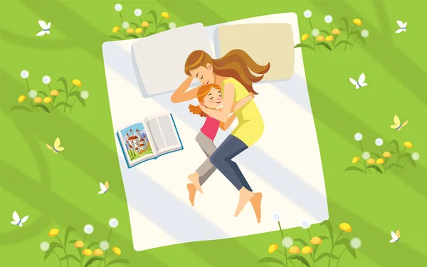 Mor och dotter i naturen. Lycklig familj tillbringa tid på gräsmattan läsa böcker och koppla av. Begreppsmässig barnuppfostran. Vektorillustration. Sov gott. Tecknad vektor illustration — Stock vektor