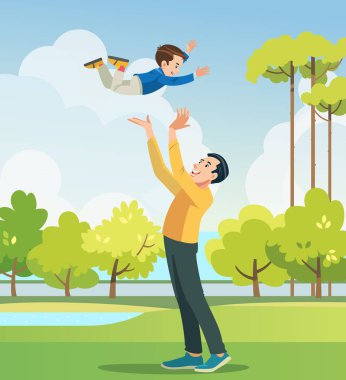 Baba oğul parkta oynuyorlar. İnsanlar sahada eğleniyor. Arkadaş canlısı aile kavramı ve yaz tatili. Vektör çizgi film illüstrasyonu